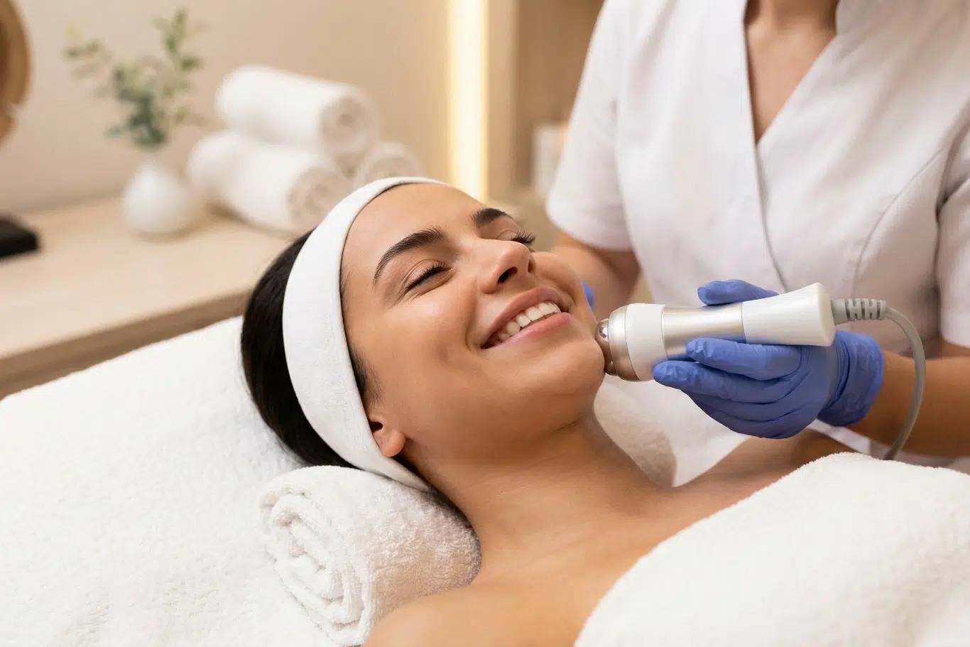 Facial treatment with handheld device at medspa woman smiling wearing a headband aesthetician in gloves
